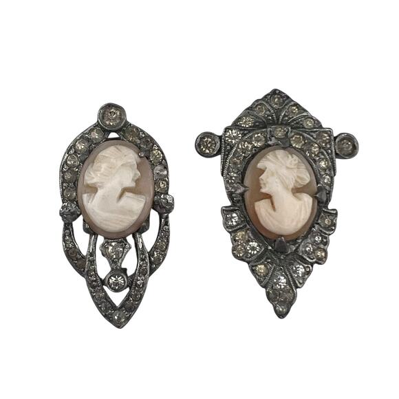 FNCO Fishel Nessler Fur Clips Vintage Silver Tone Cameo Rhinestone Set of 2 - Picture 1 of 7